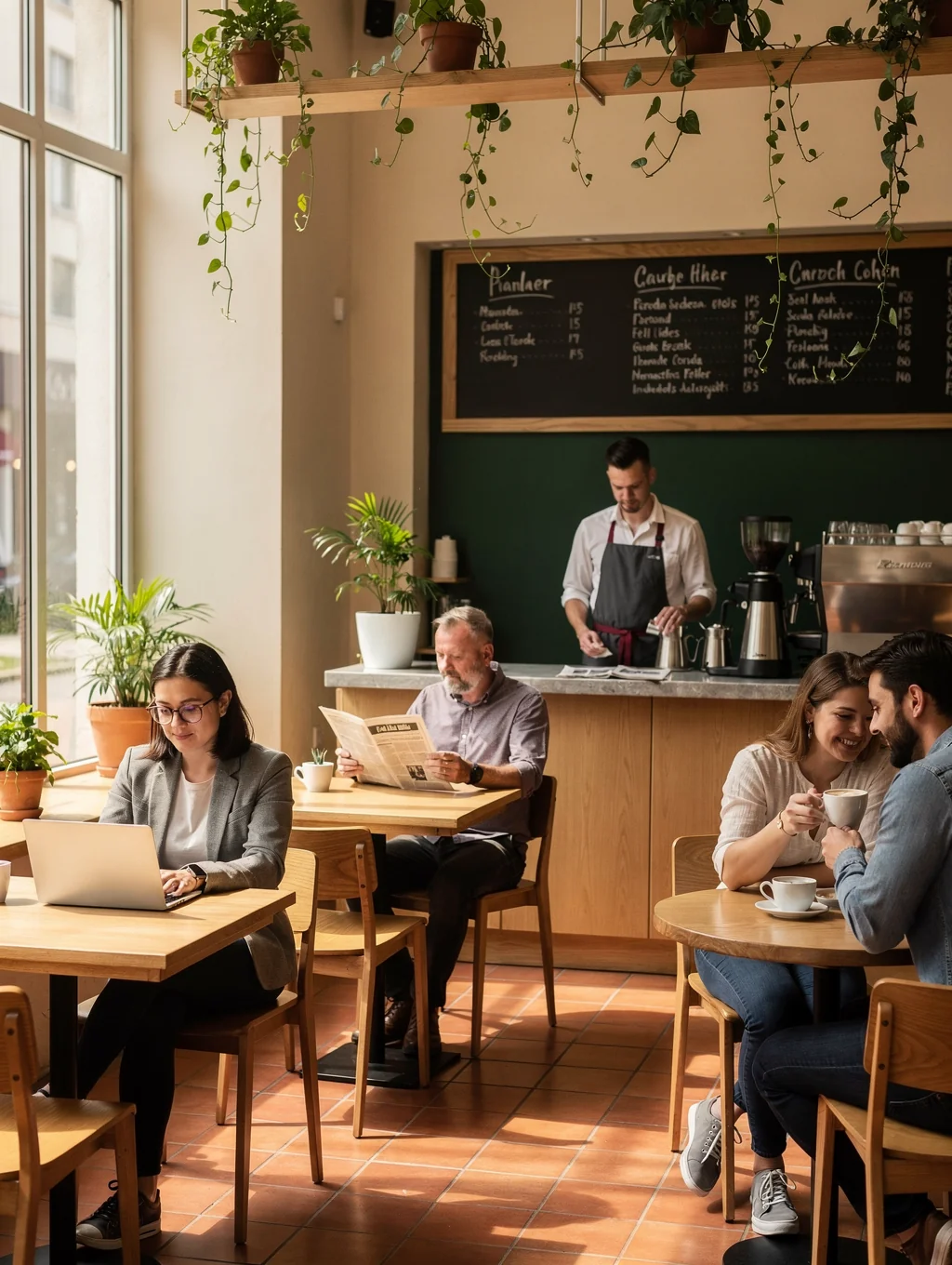 Warm, sunlit cafe interior with reclaimed wood and comfortable seating