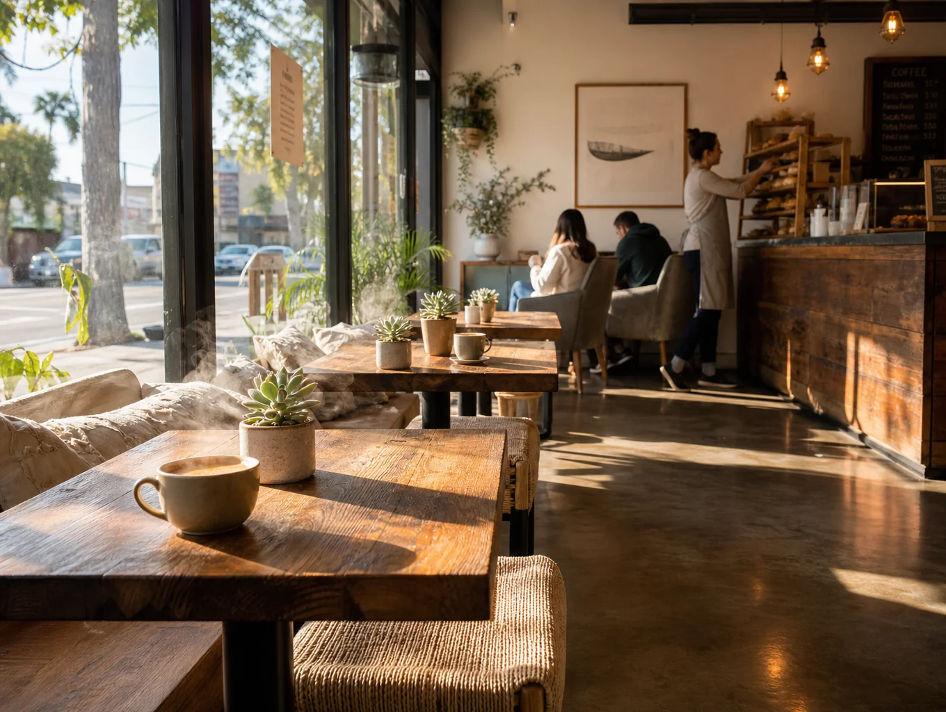 Warm and welcoming cafe interior with soft lighting