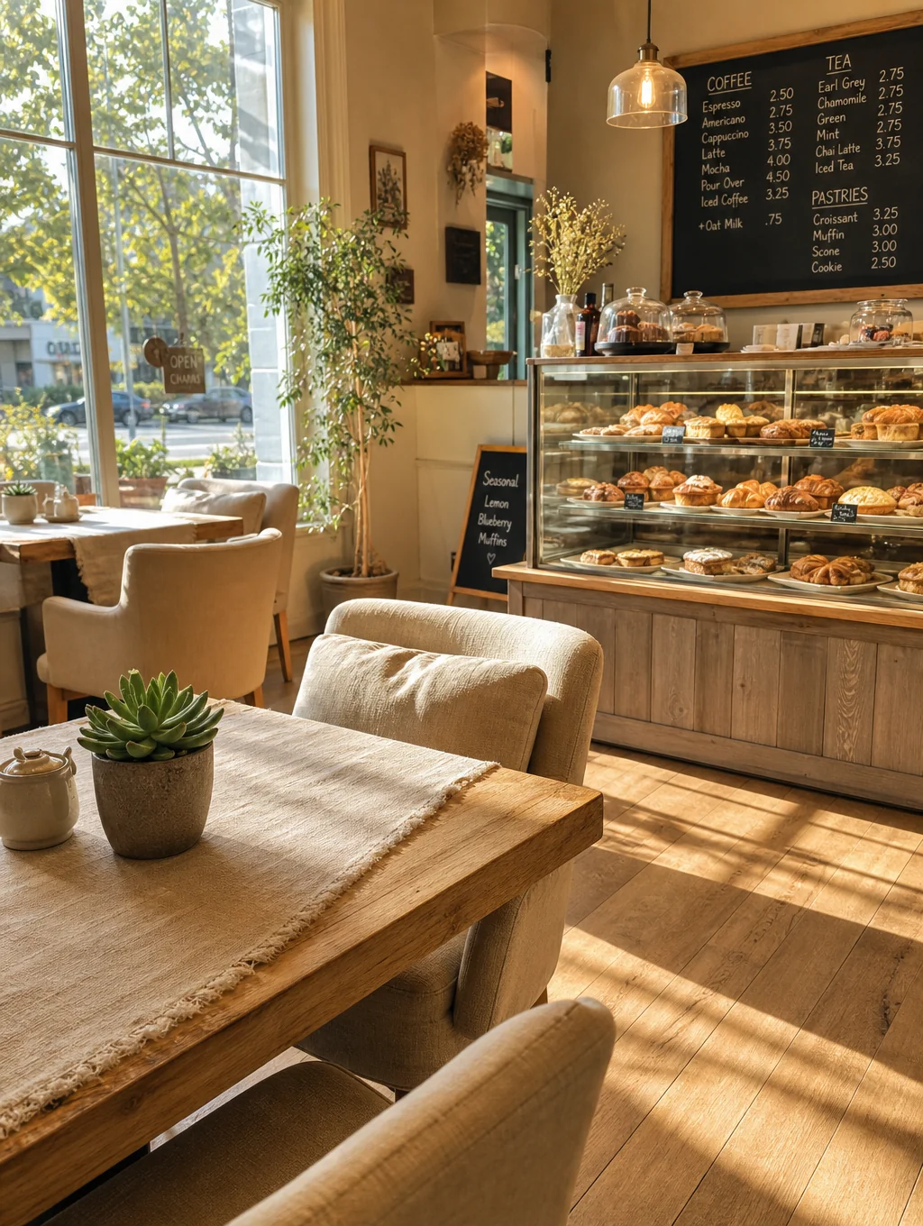 Sunlight streaming over natural oak table in a quiet café corner
