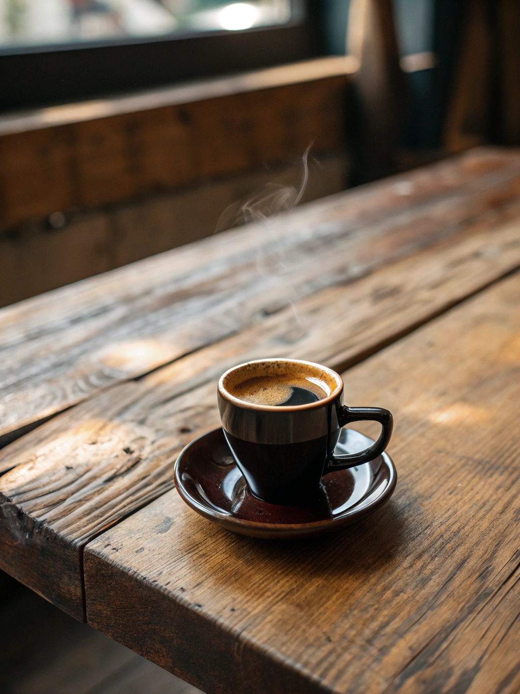 Espresso cup resting on a linen napkin atop a warm oak surface
