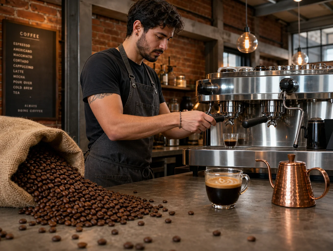 Barista preparing a specialty coffee drink at the cafe counter