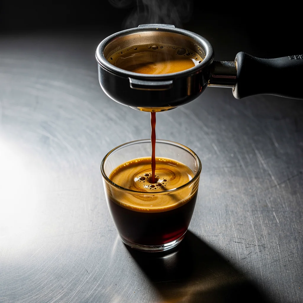 Rich espresso flow extracting smoothly into a clear glass container