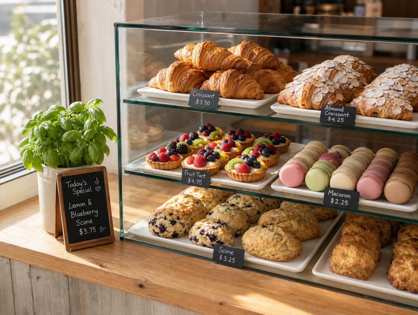Selection of fresh pastries and light fare on display at the cafe
