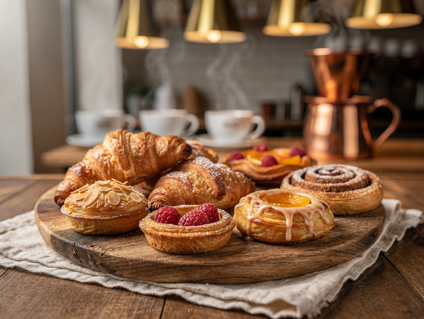 Assorted gourmet pastries displayed on a wooden tray