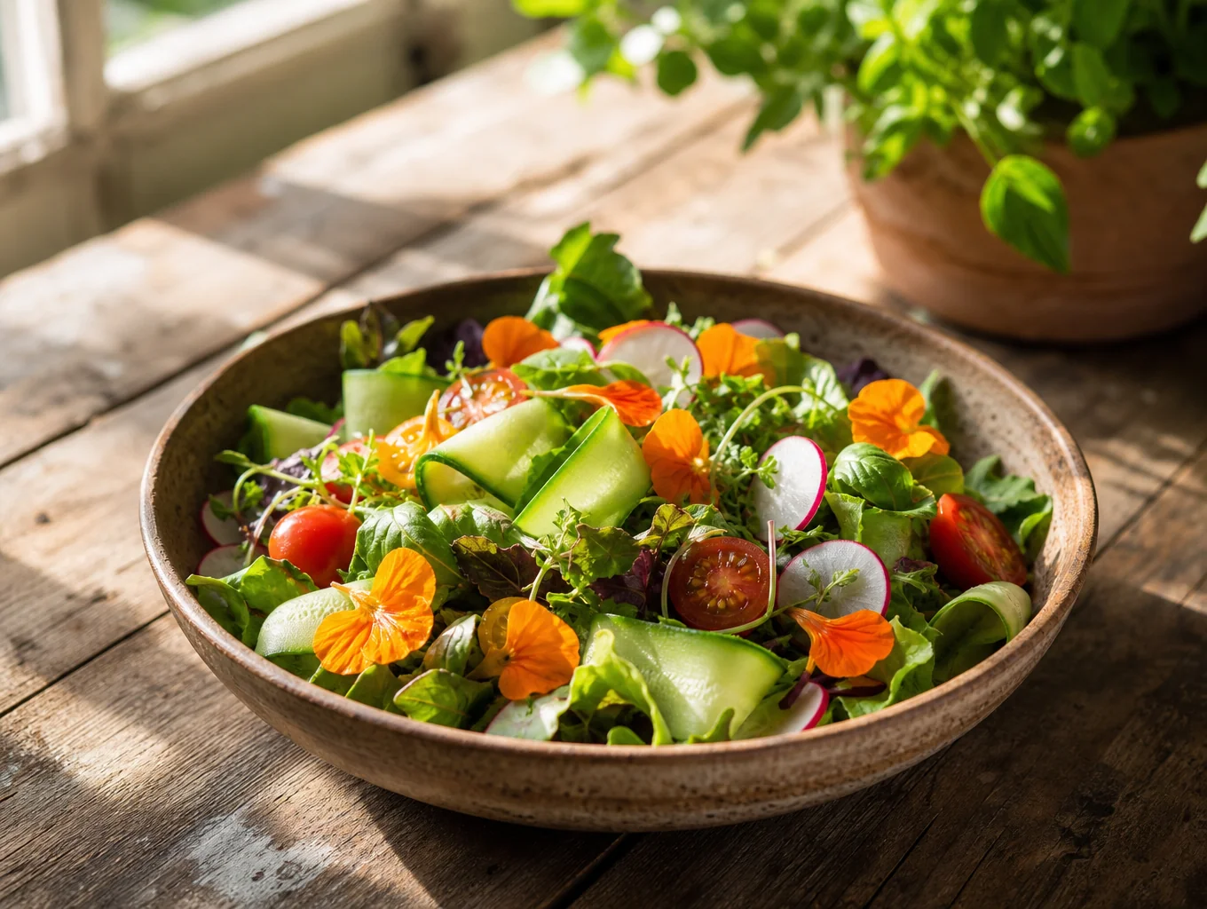 Fresh seasonal salad and artisan toast on a cafe table