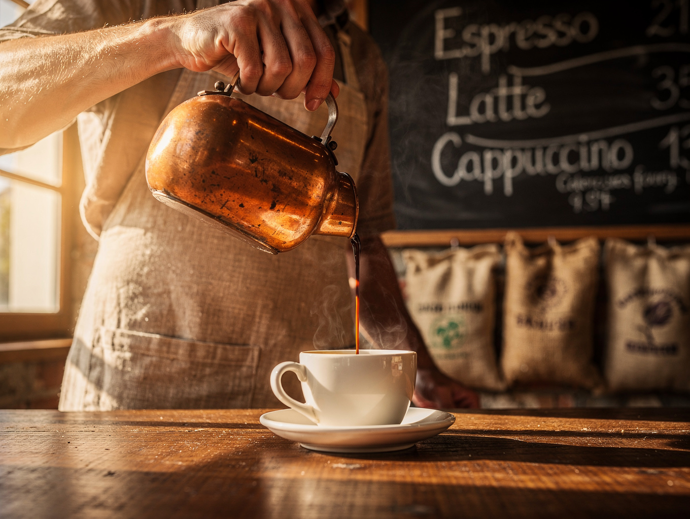 Barista pouring specialty espresso into a ceramic cup
